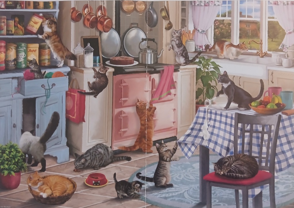 A busy kitchen scene filled with over a dozen mischievous cats and kittens in various playful poses.