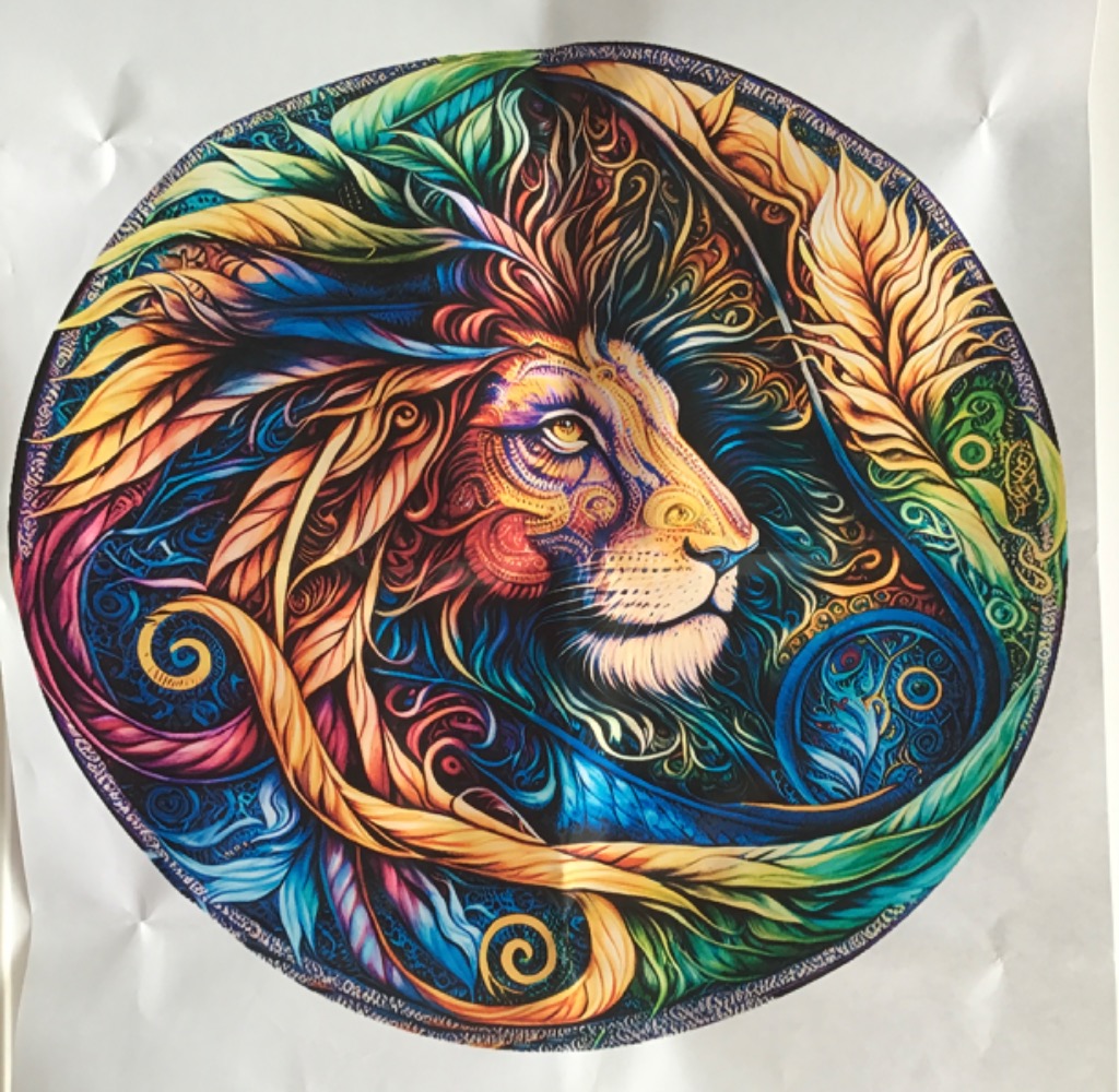 A circular illustration of a lion with a vibrant, patterned mane made of feathers and swirling shapes.