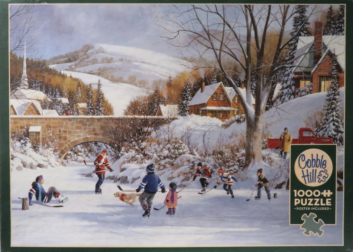 Children playing ice hockey on a frozen creek in a snowy village scene