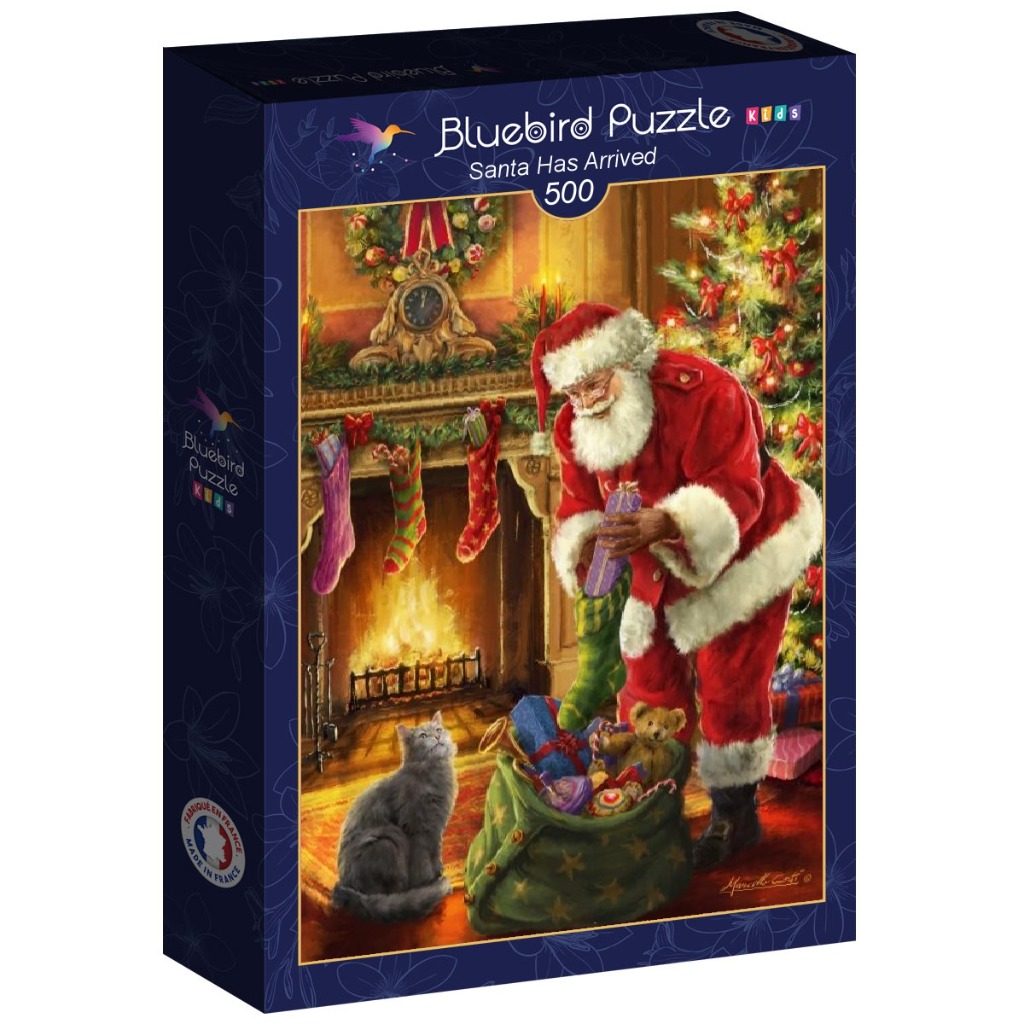 Painting of Santa Claus placing a gift in a stocking by a fireplace with a cat watching him.