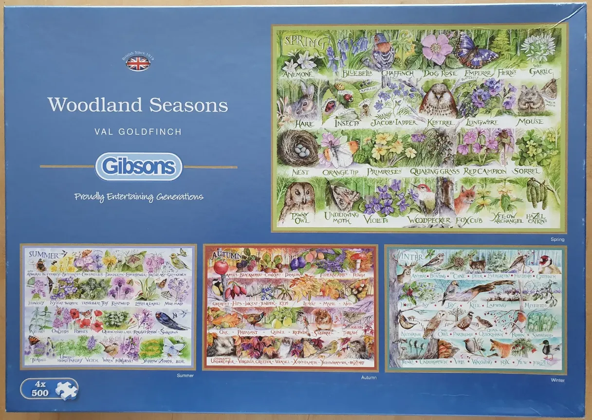 Four detailed botanical and wildlife illustrations depicting spring, summer, autumn, and winter woodland scenes.