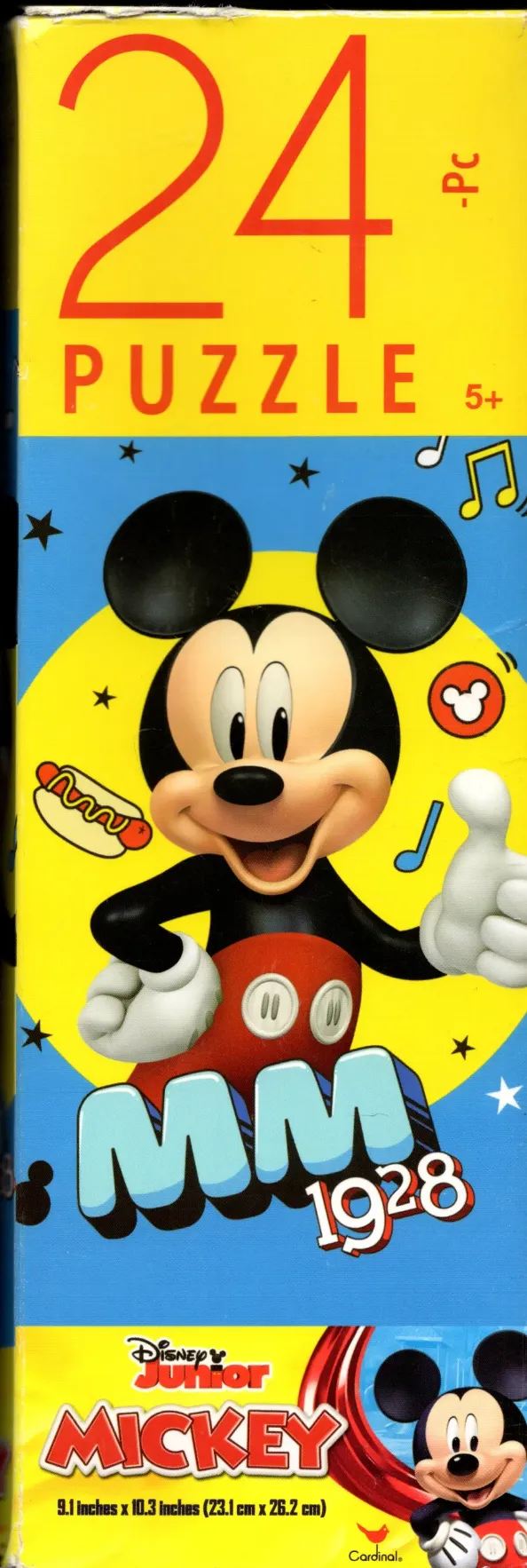 Mickey Mouse smiling with a hot dog and musical notes on a bright blue and yellow background.