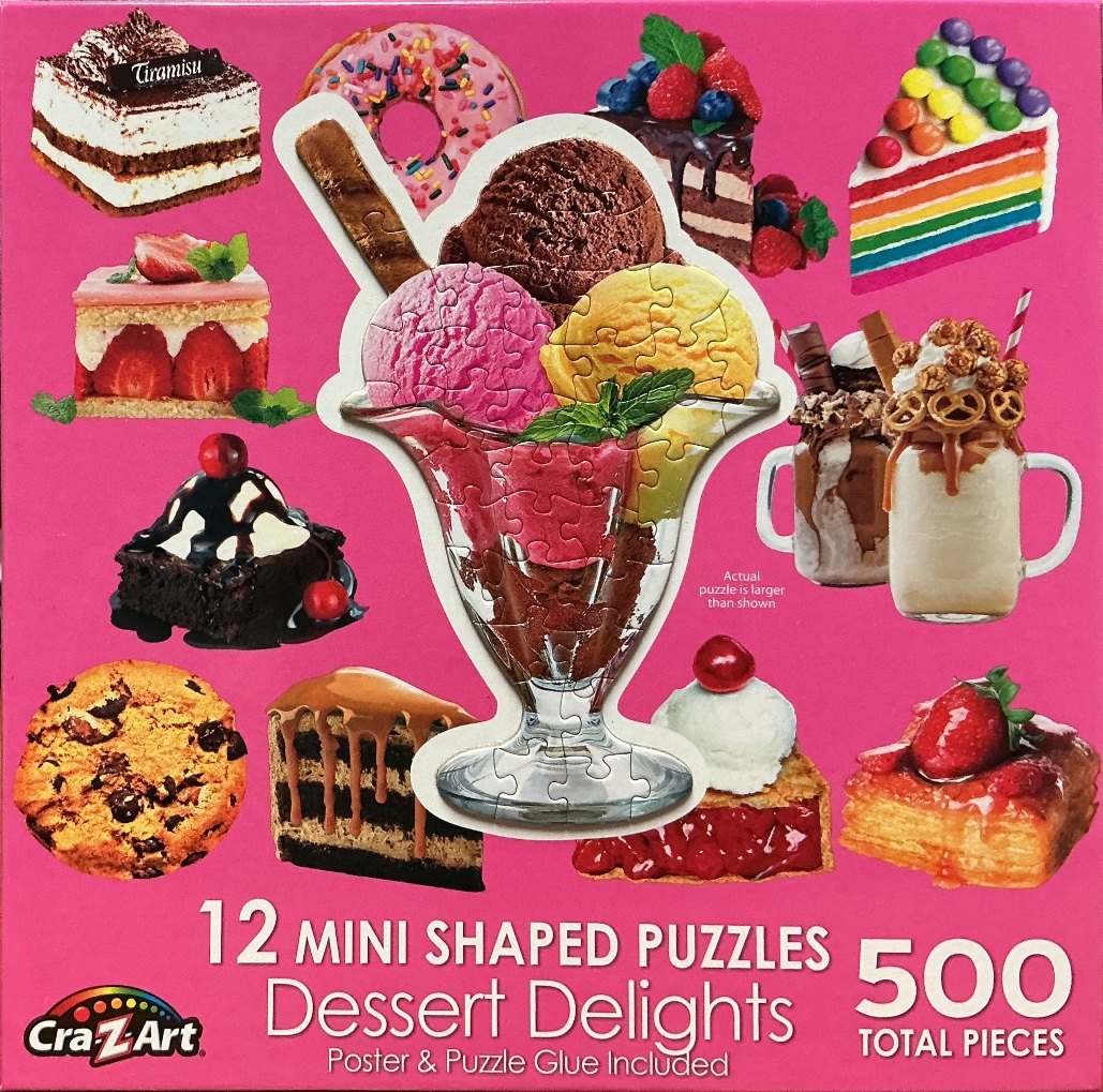 A collection of twelve colorful dessert images on a bright pink background, featuring an ice cream sundae in the center.