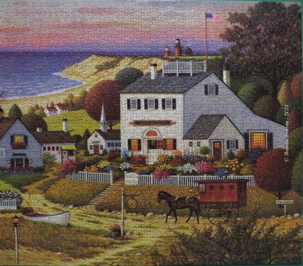 A nostalgic Americana painting of a white clapboard inn near a beach at twilight, with a horse-drawn carriage in front.