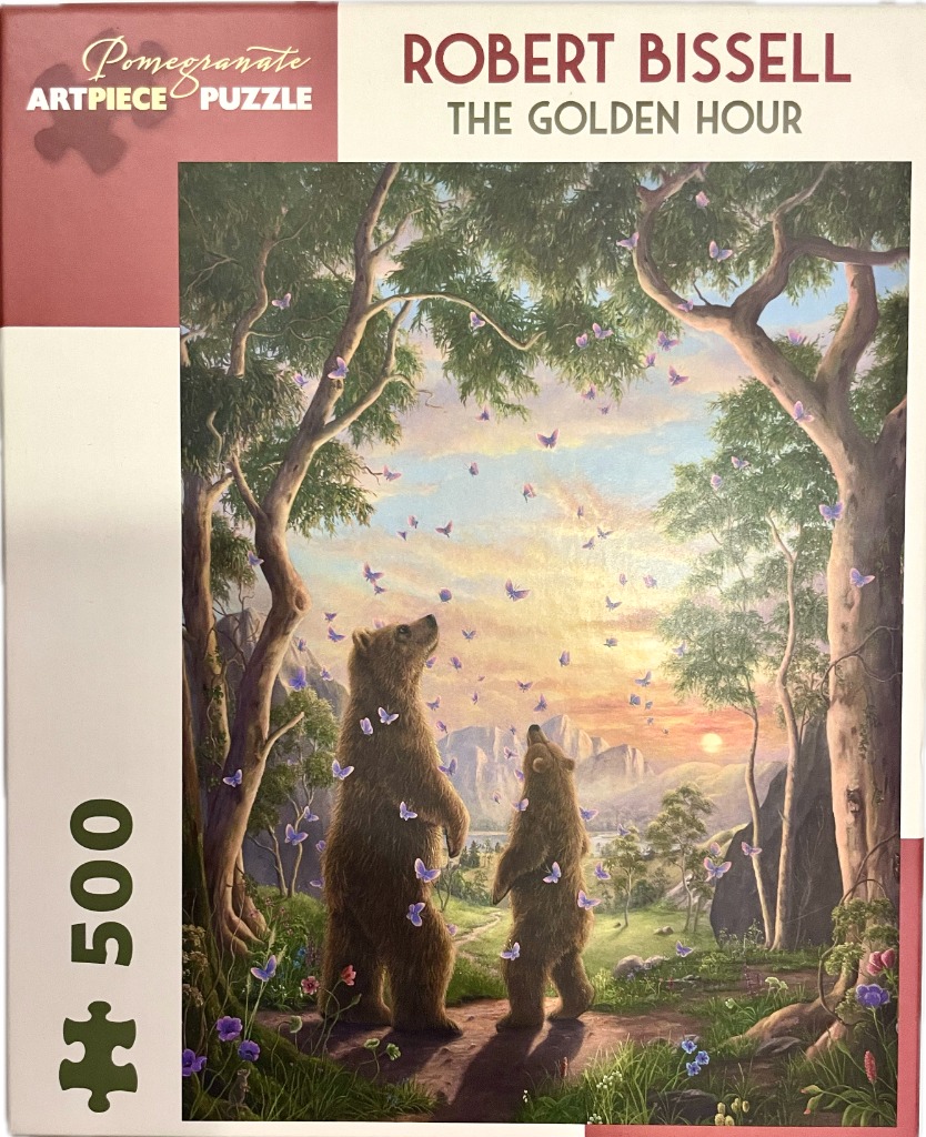 A painting of a large and small bear looking up at a swarm of butterflies in a golden forest at sunset.