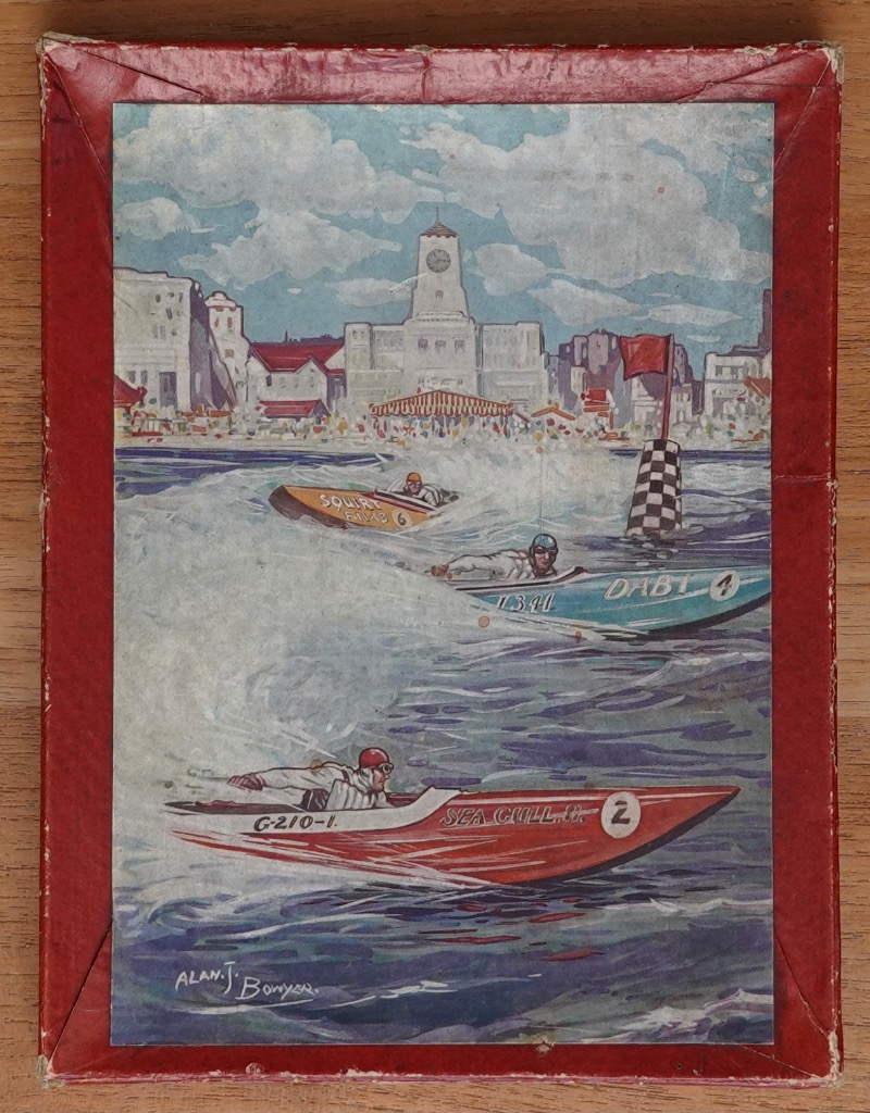 Illustration of three vintage racing speedboats on a body of water in front of a seaside town.