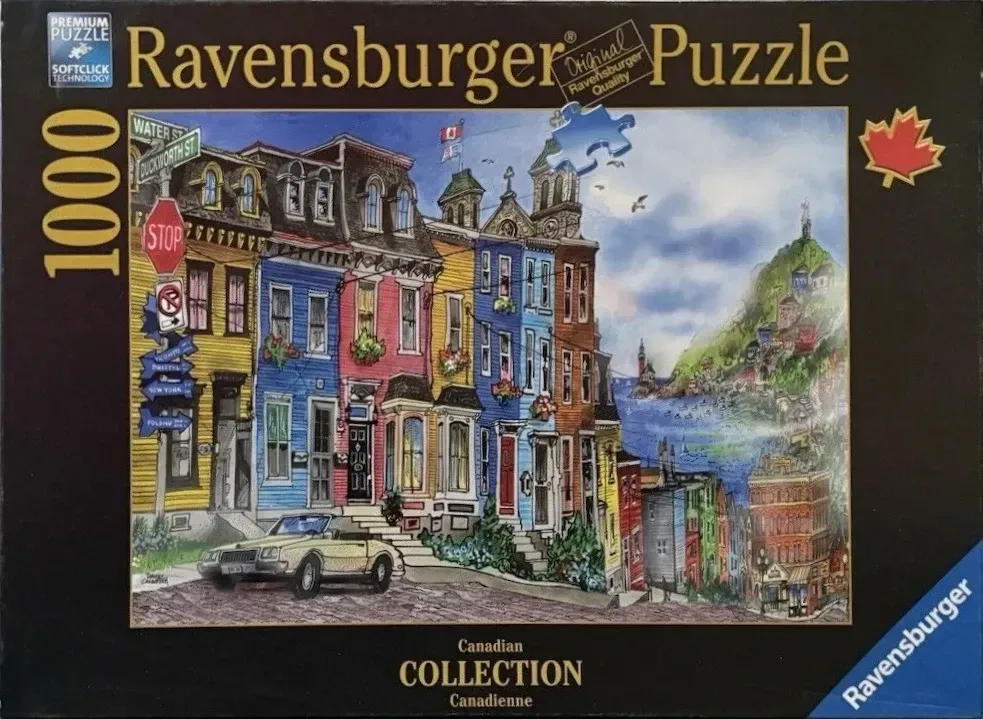 Illustration of colorful historic townhouses on a steep street overlooking a harbor.