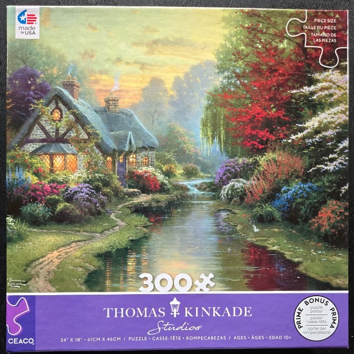 A cozy stone cottage with a thatched roof sits beside a meandering stream in a lush, vibrant garden at sunset.
