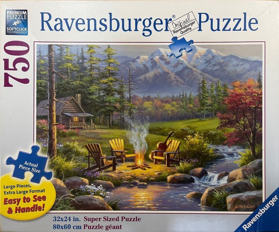 An idyllic oil painting of a cozy log cabin, a glowing campfire, and an acoustic guitar by a mountain stream.