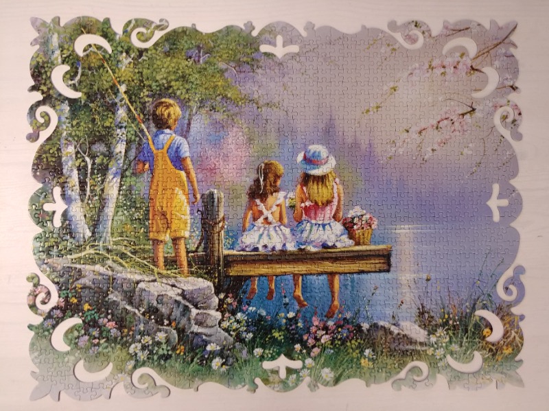 A nostalgic painting of a young boy fishing while two girls sit on a wooden dock by a misty lake.