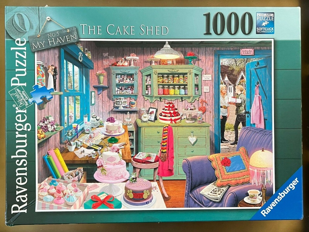 A cozy, illustrated craft shed filled with decorated cakes and baking supplies.