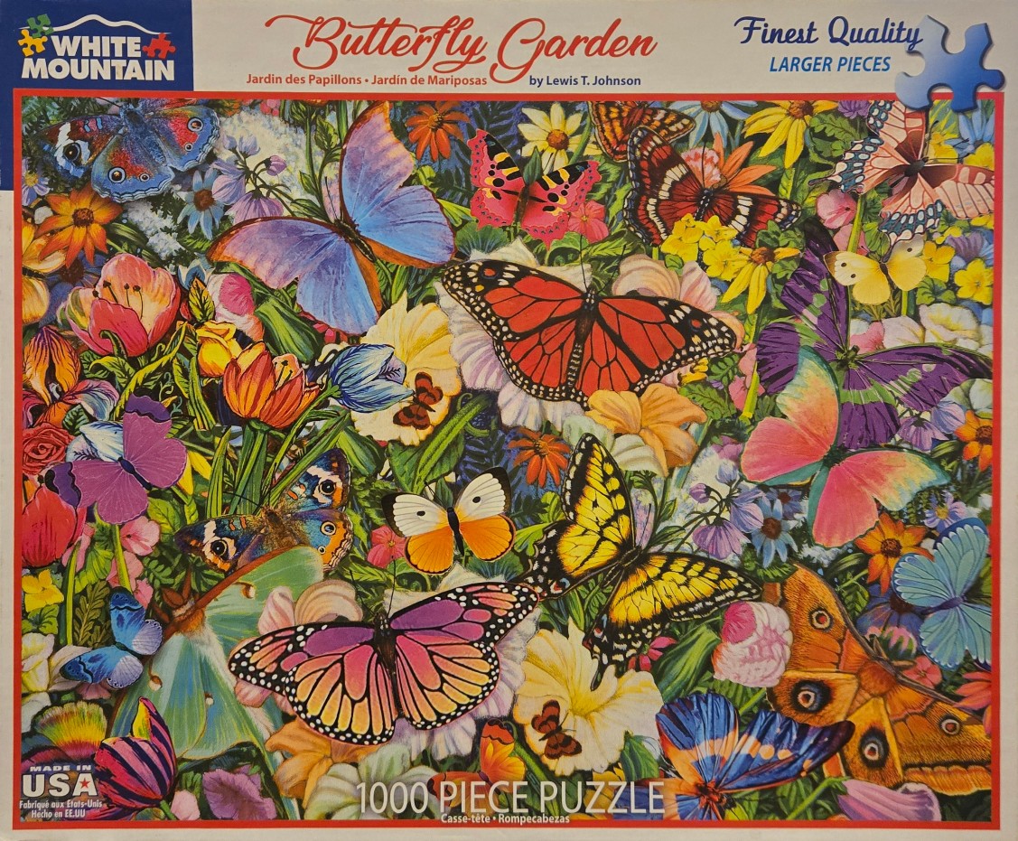 A lush, vibrant garden scene filled with numerous colorful butterflies perched among diverse blooming flowers.