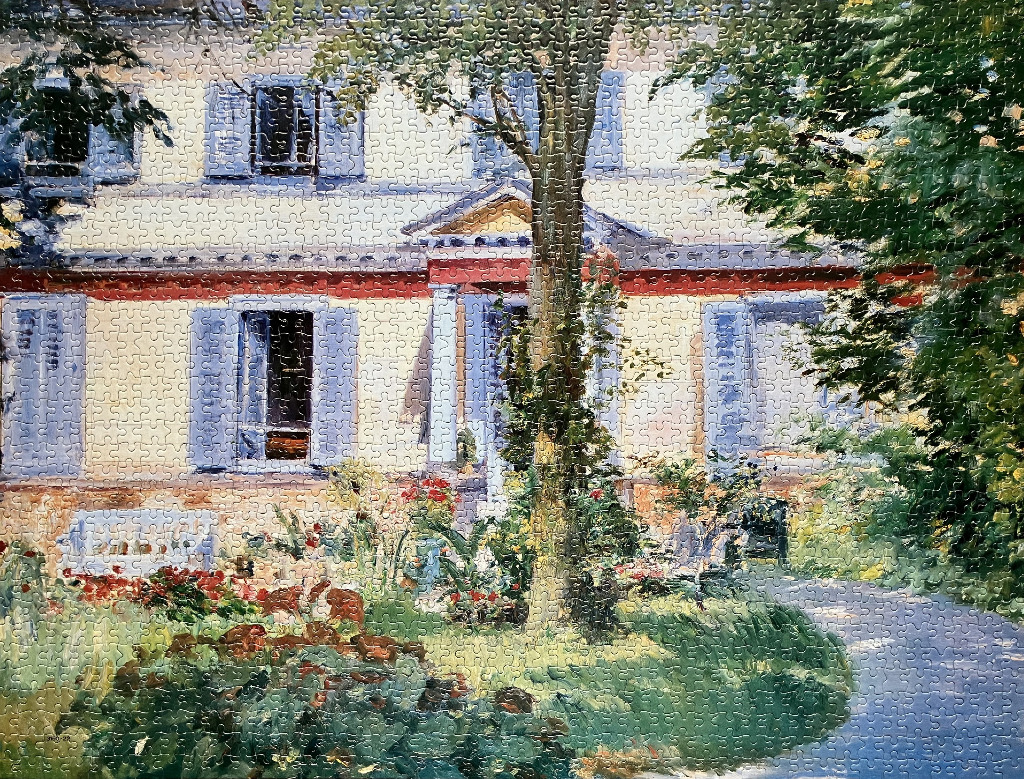 Impressionist painting of a beige house with blue shutters and a lush garden.