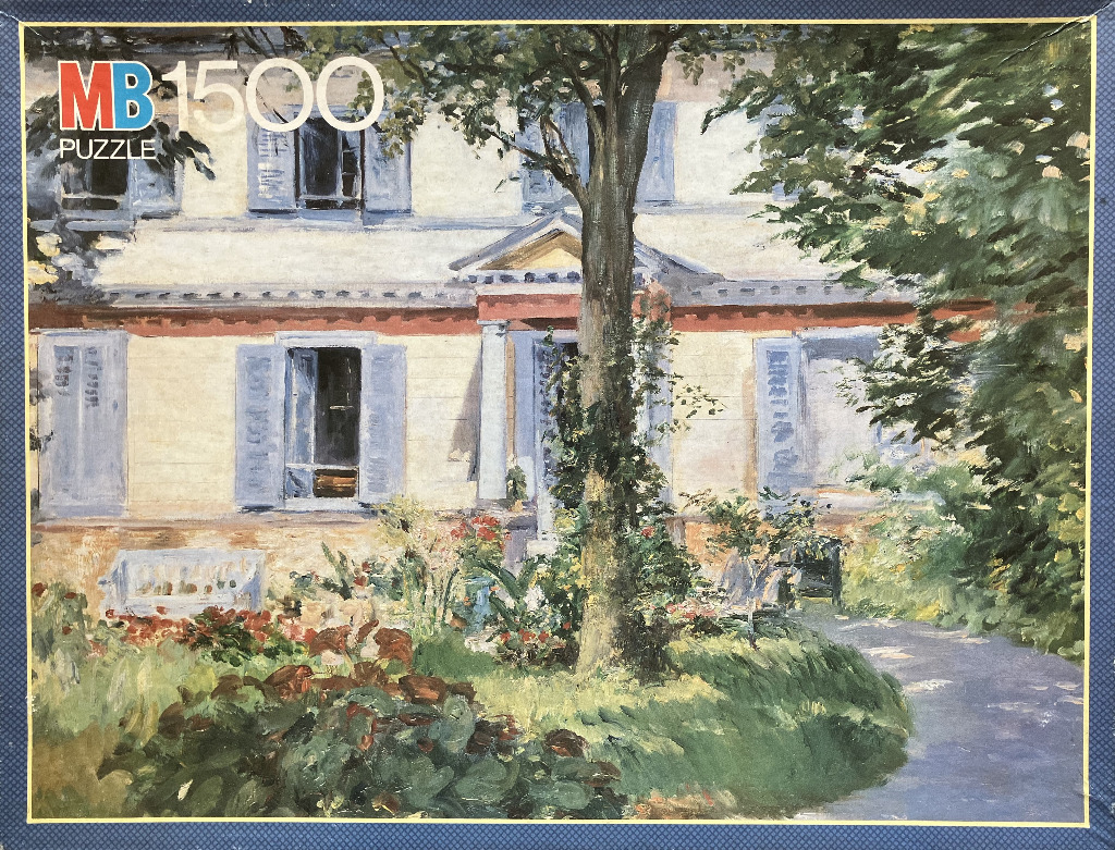 Impressionist oil painting of a cream-coloured country house with blue shutters surrounded by a lush garden.