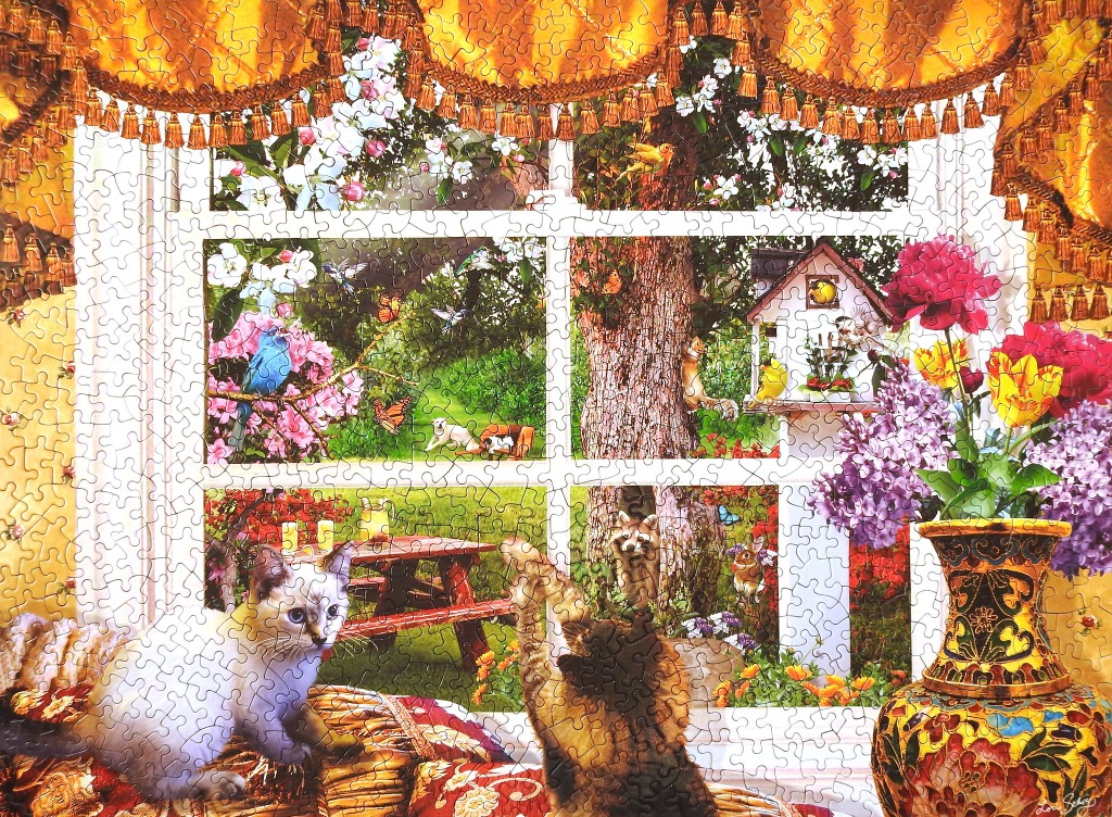 Two cats looking out a window at a lush garden scene filled with birds, squirrels, and flowers.
