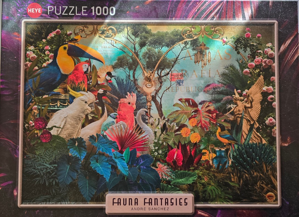 A lush, surreal jungle collage featuring various tropical birds, pink roses, and an angel statue against a map background.