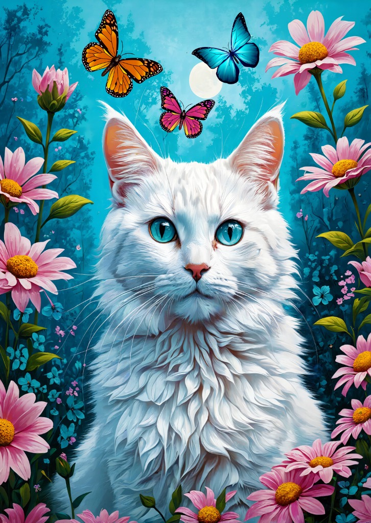 A fluffy white cat with bright blue eyes sits amidst pink flowers and butterflies against a teal background.