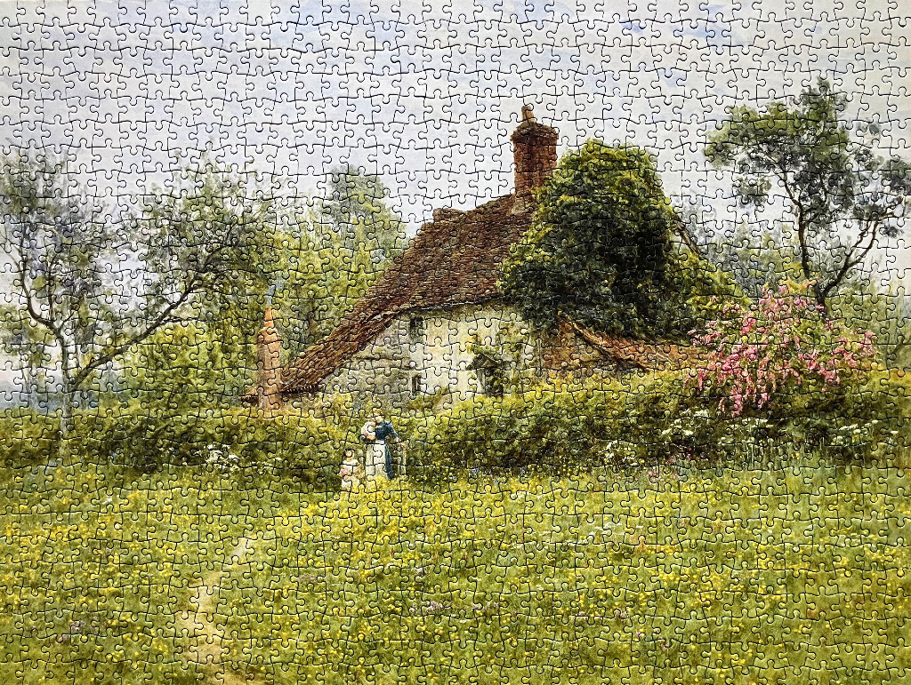 A countryside oil painting of a stone cottage with a thatched roof and a woman and child in a wildflower meadow.