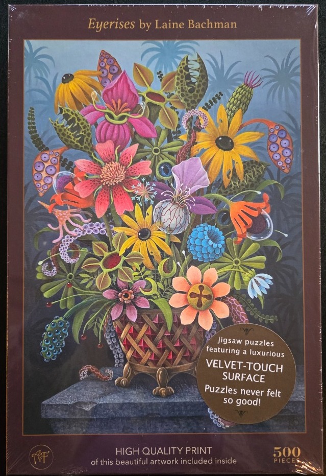 A whimsical illustration of surreal, colourful botanical specimens arranged in a woven basket.