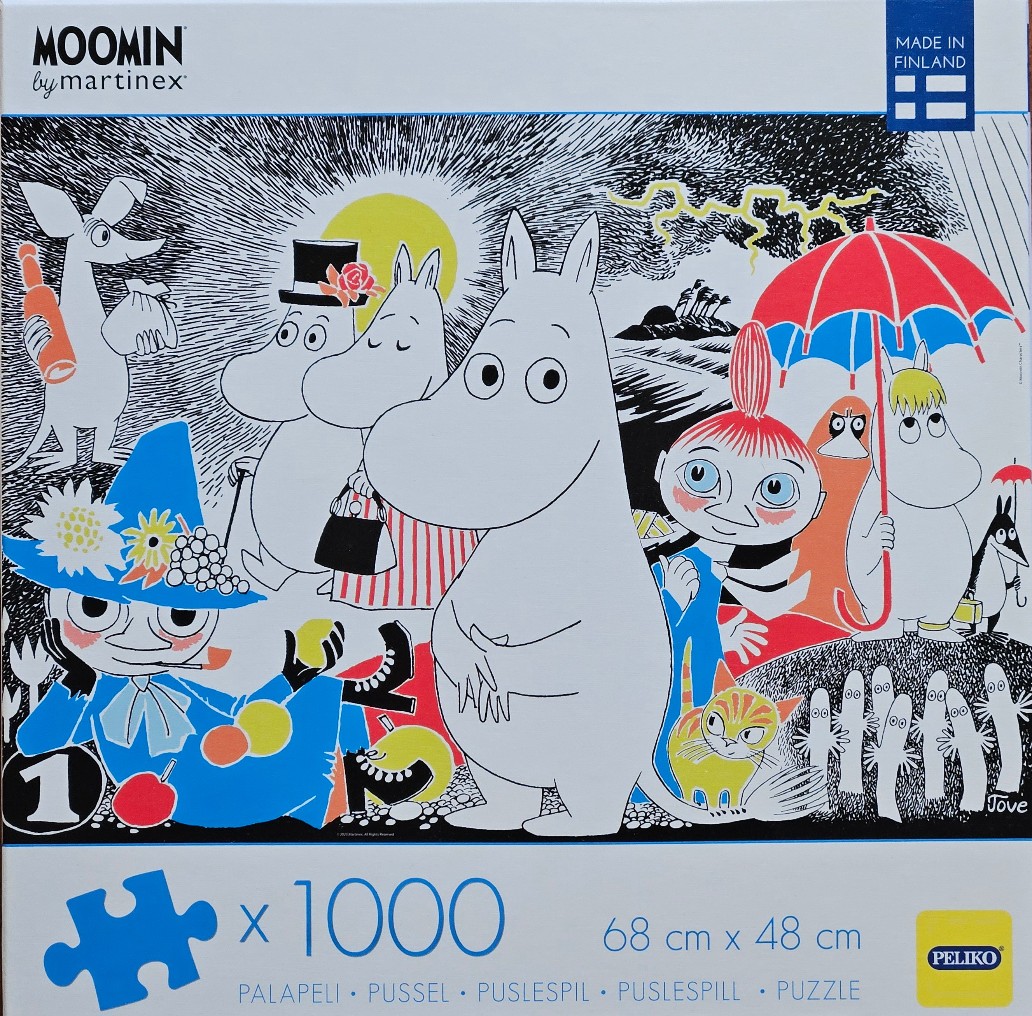 A black and white line art illustration of Moomin characters in a dramatic outdoor setting with bright primary colors.