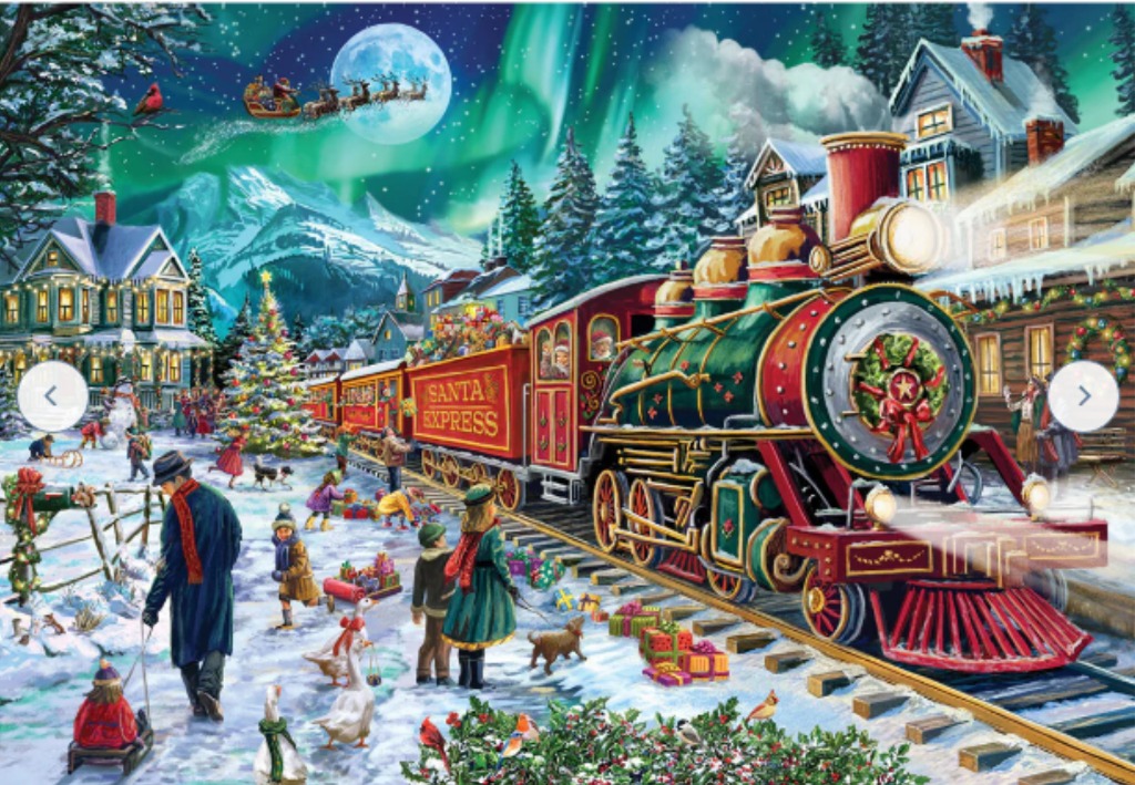 A festive, snow-covered train station scene at night featuring the Santa Express train and northern lights.