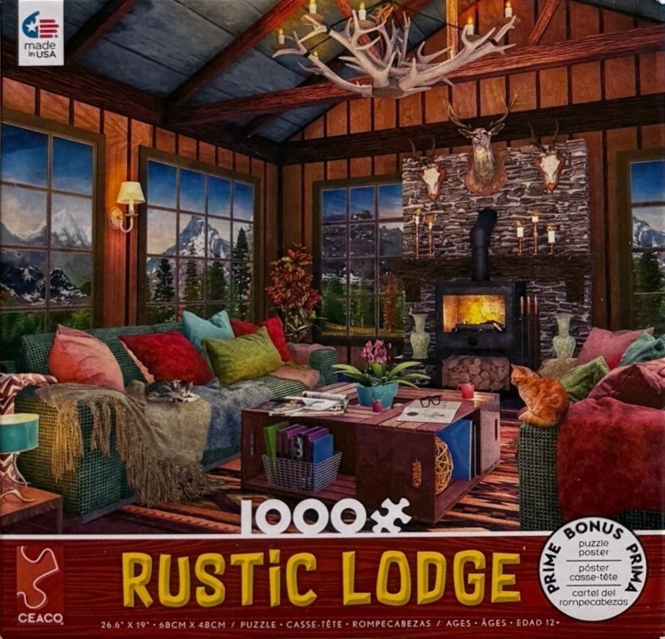 A cozy log cabin interior featuring a fireplace, antler chandelier, mountain view, and two cats.