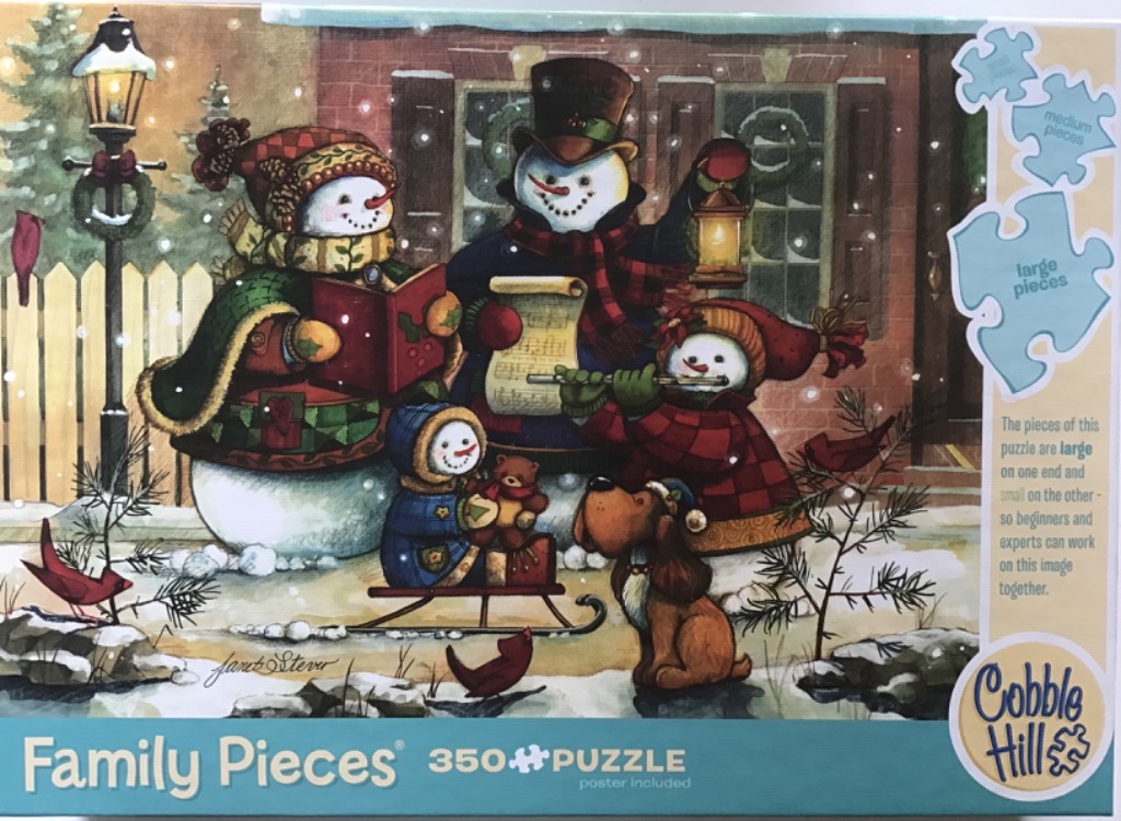 A whimsical illustration of a family of snowmen singing and playing music in front of a brick house in winter.