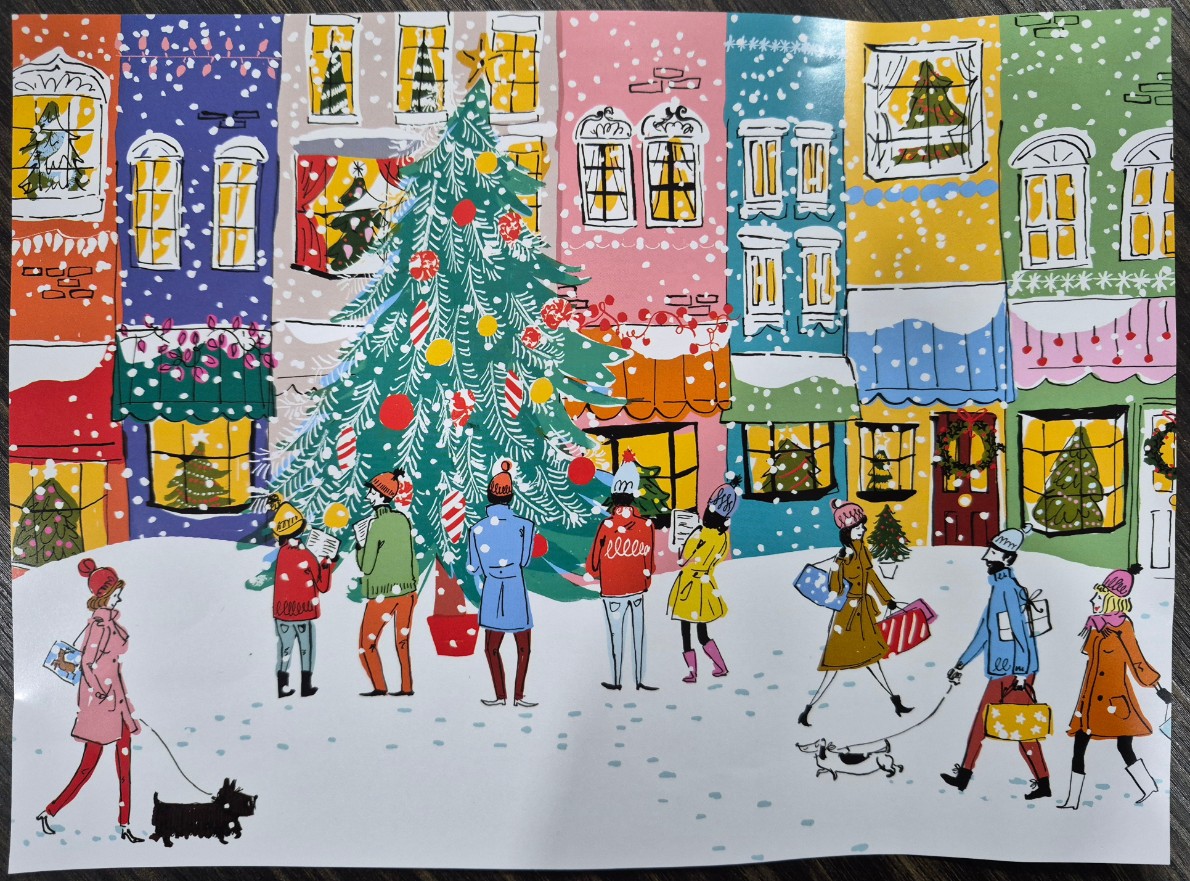 A whimsical illustration of a snowy town square with people gathered around a large, decorated Christmas tree.