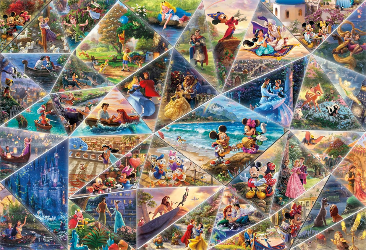 A geometric collage of various animated characters in classic scenes.