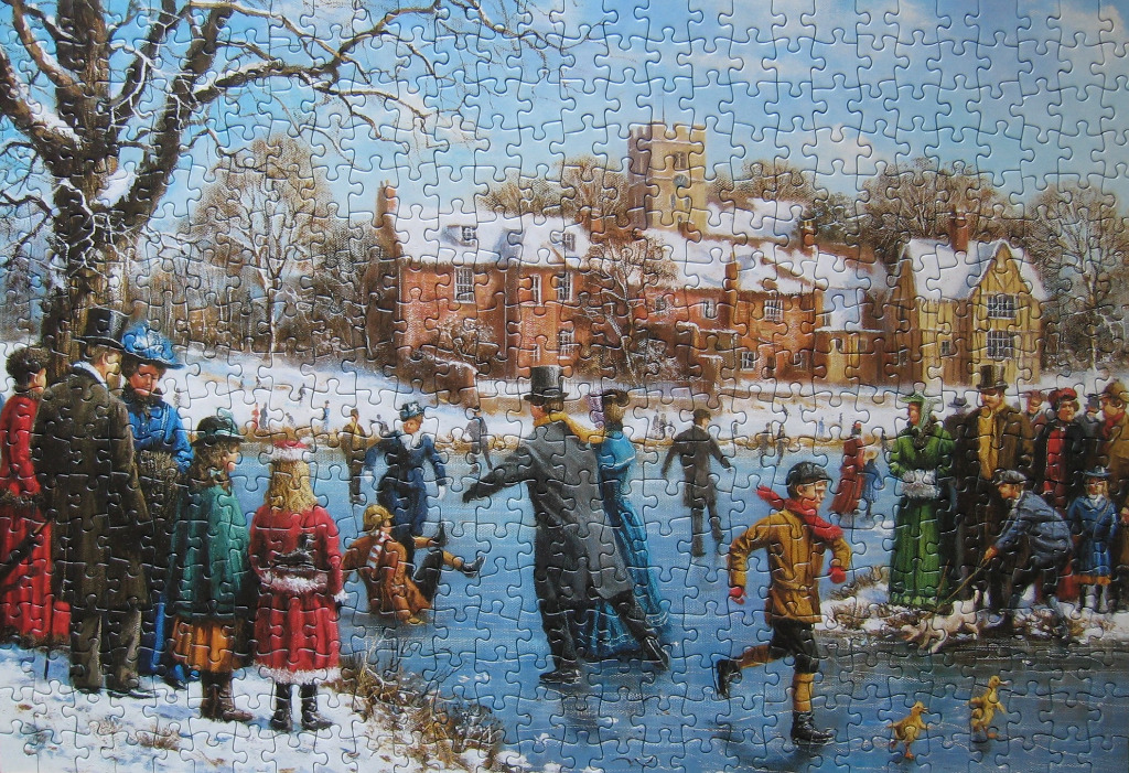 Victorian-era figures ice skating on a frozen pond in front of a manor house in winter.