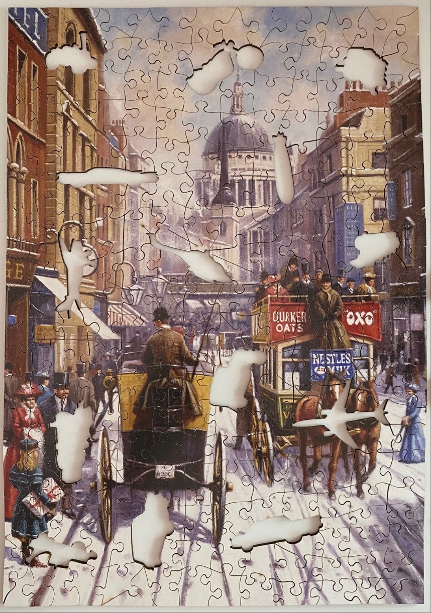 Vintage street scene in London with a horse-drawn carriage and bus, with St. Paul