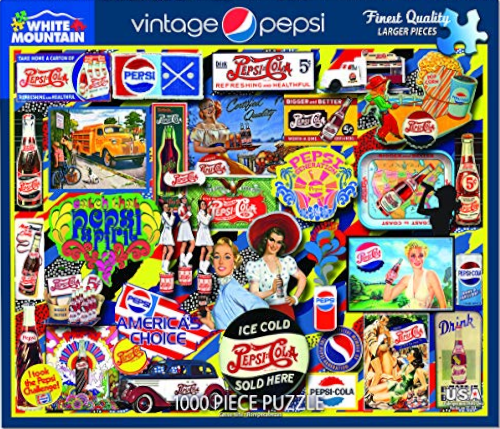 A collage of vintage Pepsi-Cola advertisements, logos, and illustrations featuring classic Americana imagery.