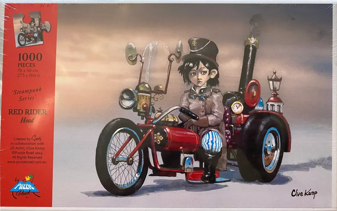 A whimsical illustration of a young person in steampunk attire driving a red, three-wheeled steam-powered vehicle.