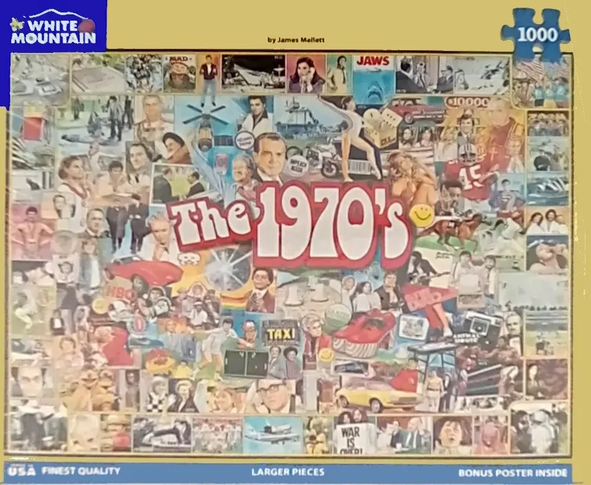 A nostalgic collage of imagery representing 1970s culture, politics, sports, and entertainment.