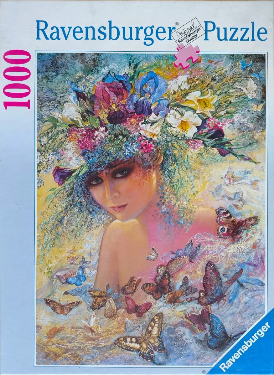 An illustration of a woman wearing a large floral headpiece surrounded by butterflies.