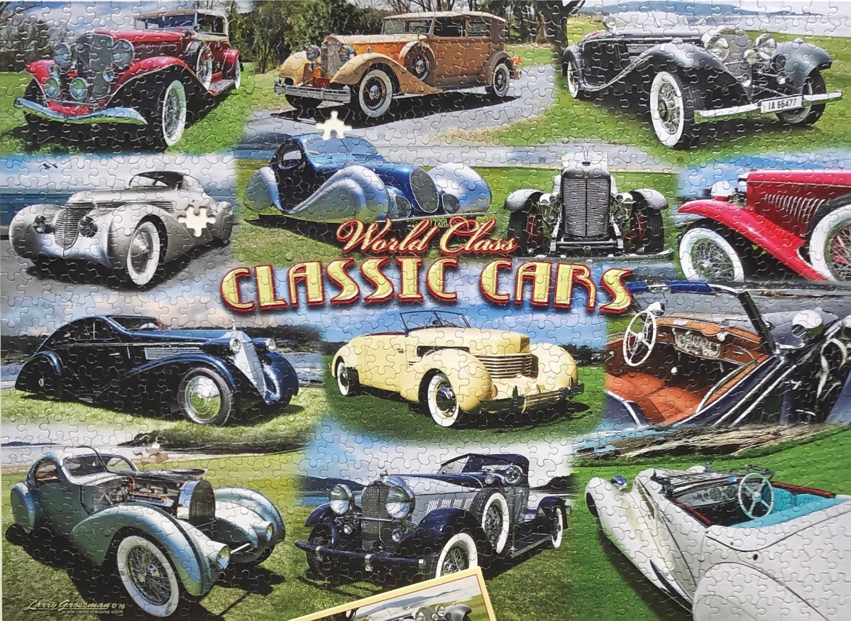 Collage of various vintage classic cars set against a green grass background.