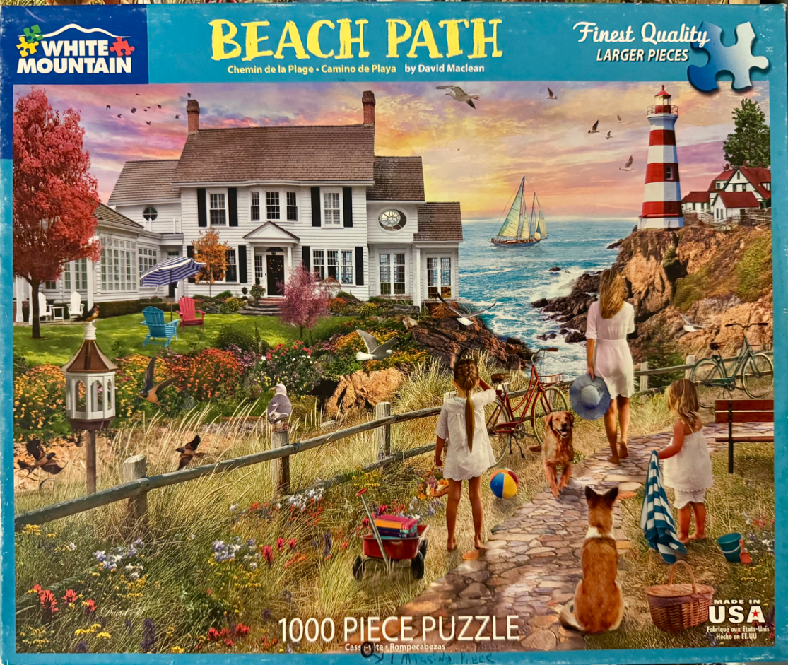 A sunny seaside scene with a white house, a lighthouse, and a family walking down a stone path towards the ocean.