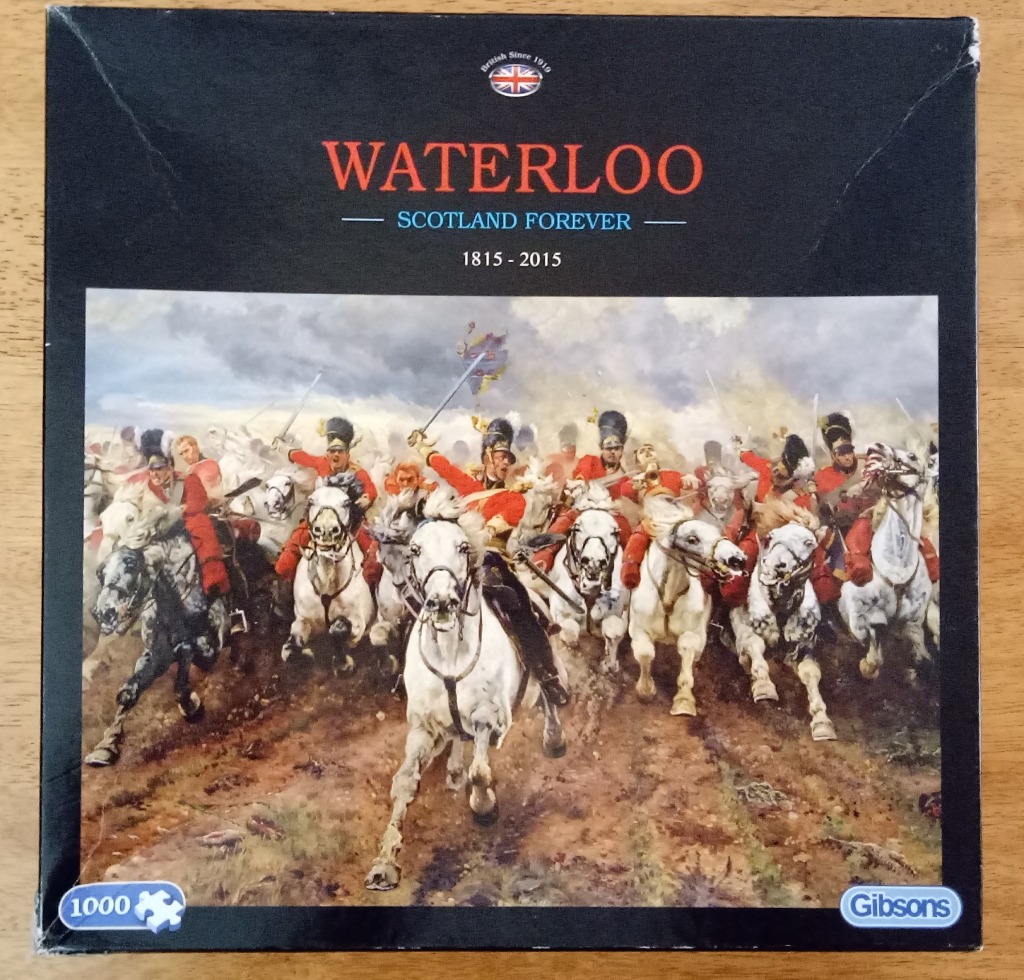 A reproduction of the painting Scotland Forever showing a cavalry charge of the Scots Greys at the Battle of Waterloo.