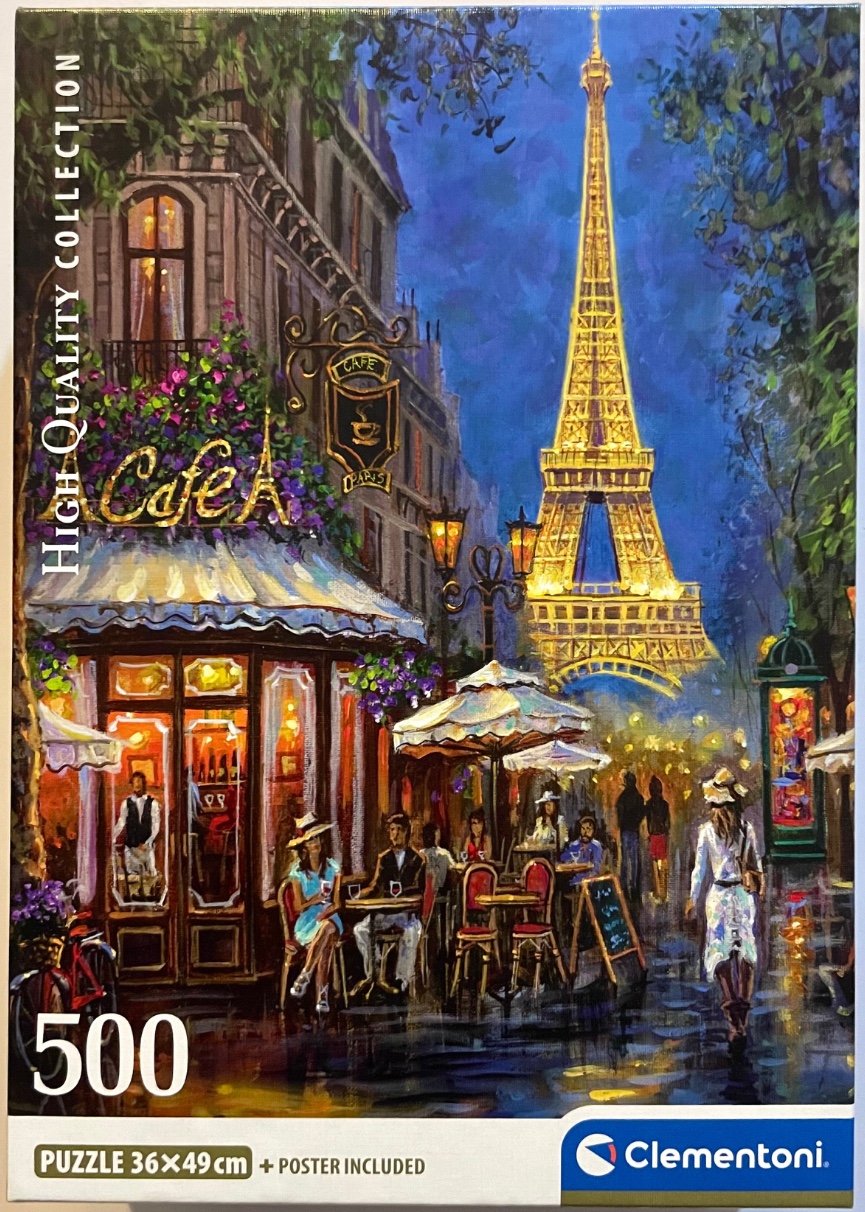 Painting of a Parisian street cafe at night with the Eiffel Tower illuminated in the background.