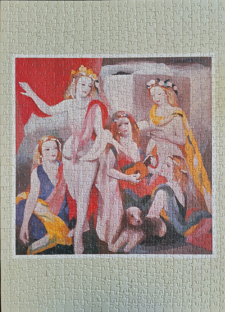 A stylised painting of four women in flowing robes and flower crowns with a small dog.