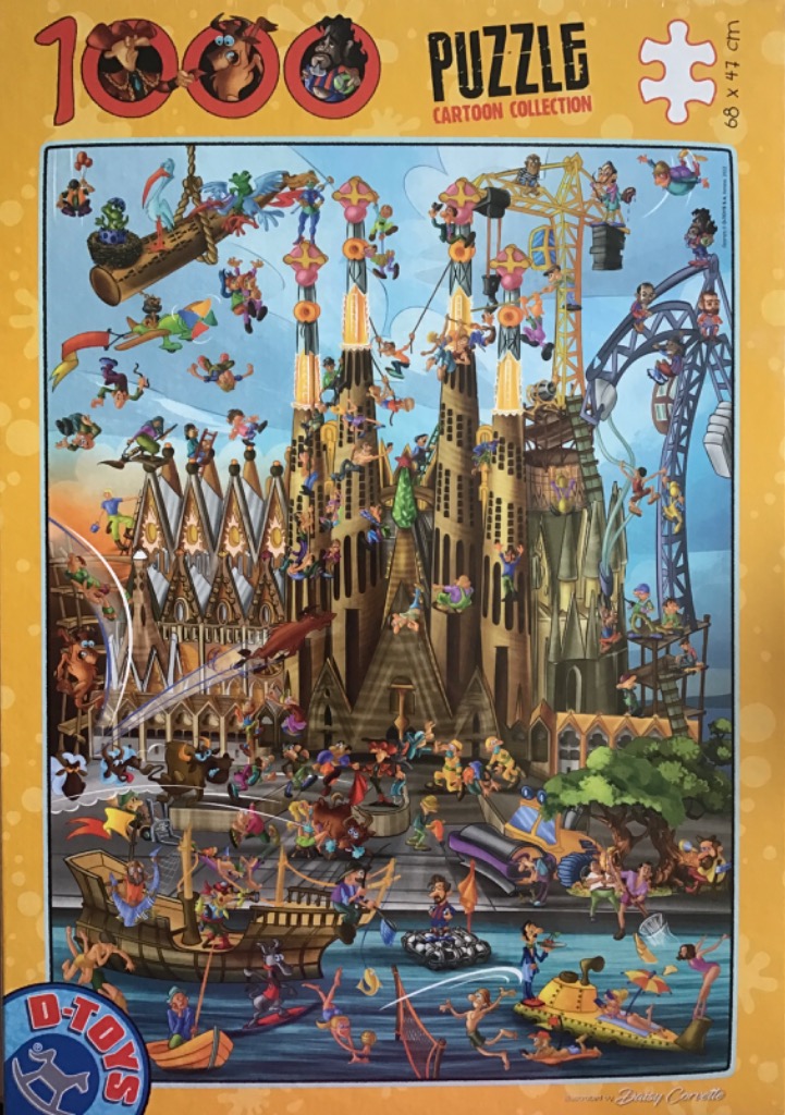 A whimsical cartoon illustration of the Sagrada Familia basilica surrounded by dozens of silly, busy characters.