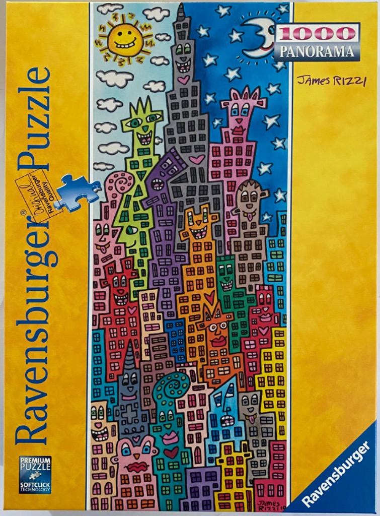 Whimsical illustration of a stylized, anthropomorphic city skyline with smiling faces on buildings by James Rizzi.