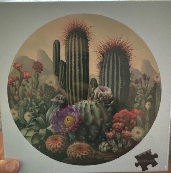 A circular illustration of a desert landscape featuring tall cacti and vibrant, blooming desert flowers.