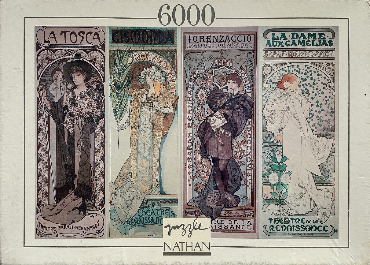 Four vertical Art Nouveau posters by Alphonse Mucha featuring Sarah Bernhardt.