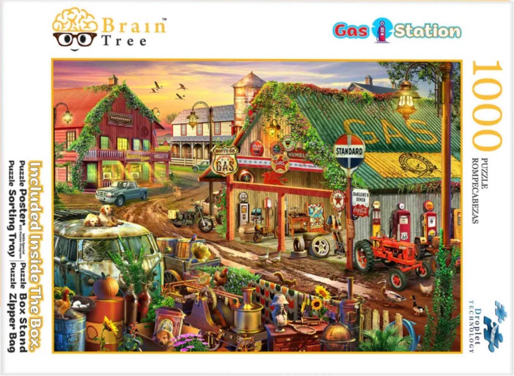 A nostalgic rural scene featuring a rustic gas station, vintage cars, and a farmhouse at sunset.