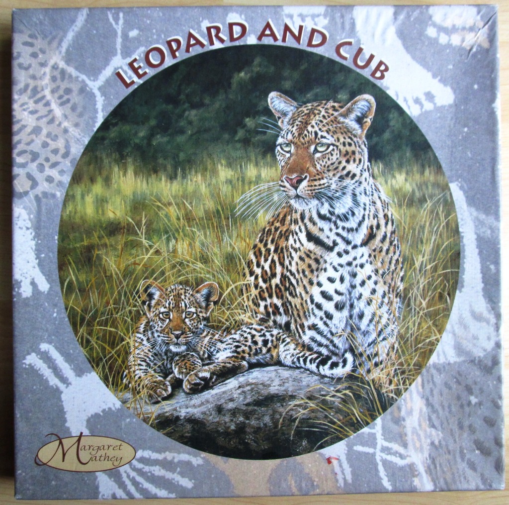 A detailed painting of an adult leopard and its cub sitting in tall grass.