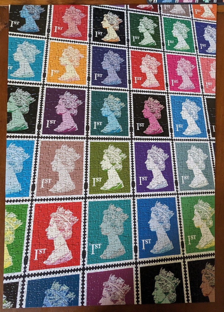 A repeating grid of colourful postage stamps featuring the silhouette of Queen Elizabeth II.