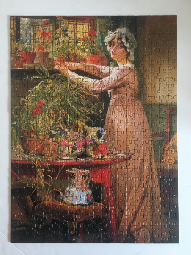 A Victorian-era woman in a mobcap and long dress tends to a large indoor plant collection in a dimly lit room.