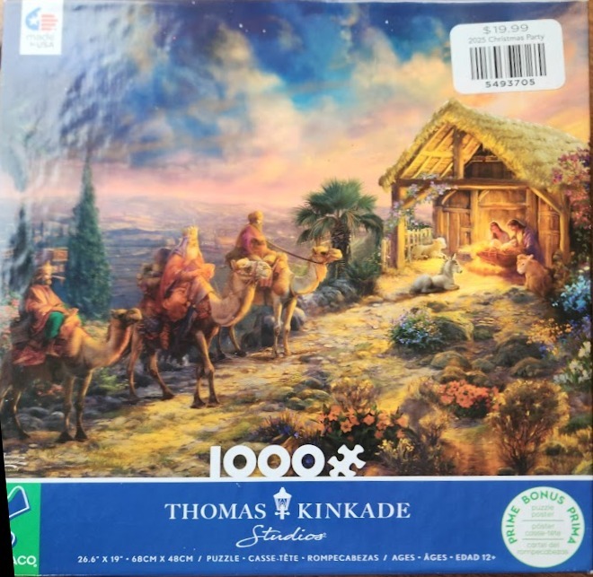 A nativity scene depicting the Three Wise Men arriving on camels at a wooden stable at dusk.