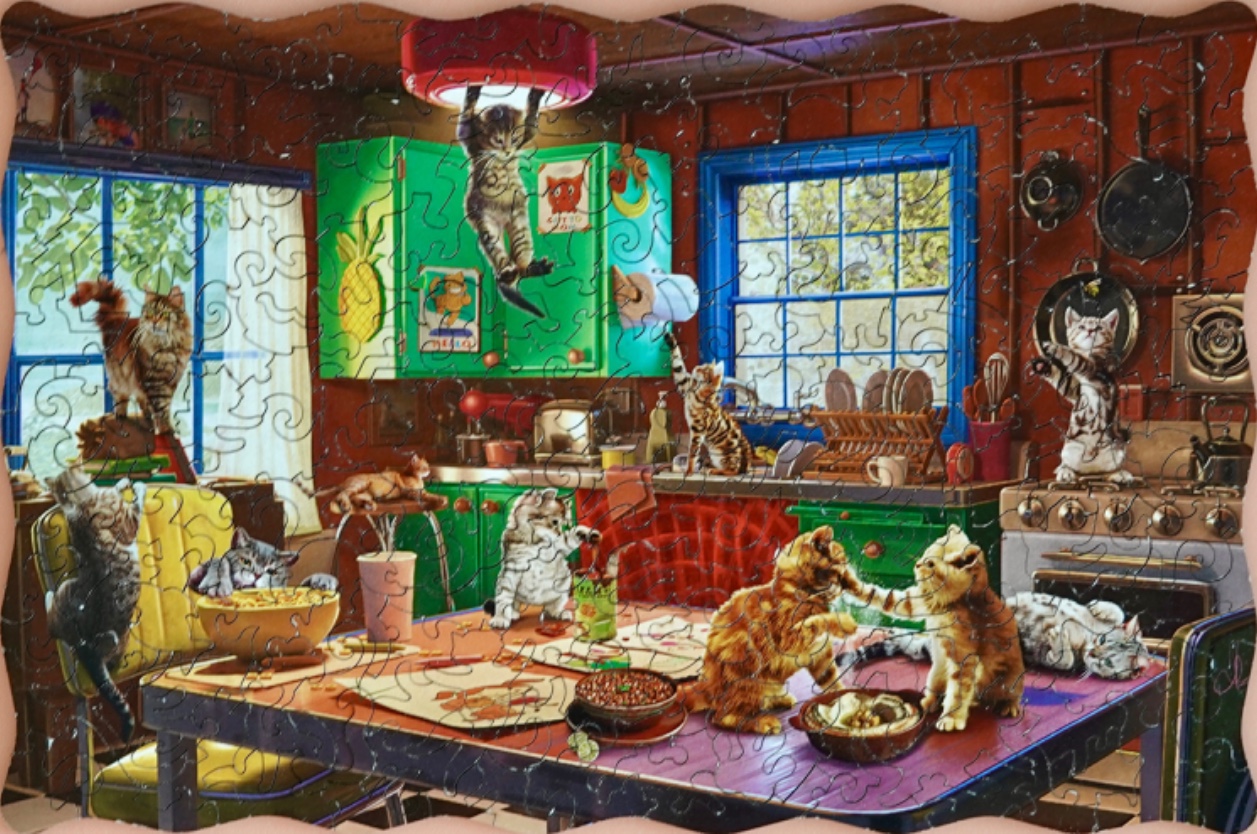 A whimsical illustration of many cats playing in a colorful, rustic kitchen.